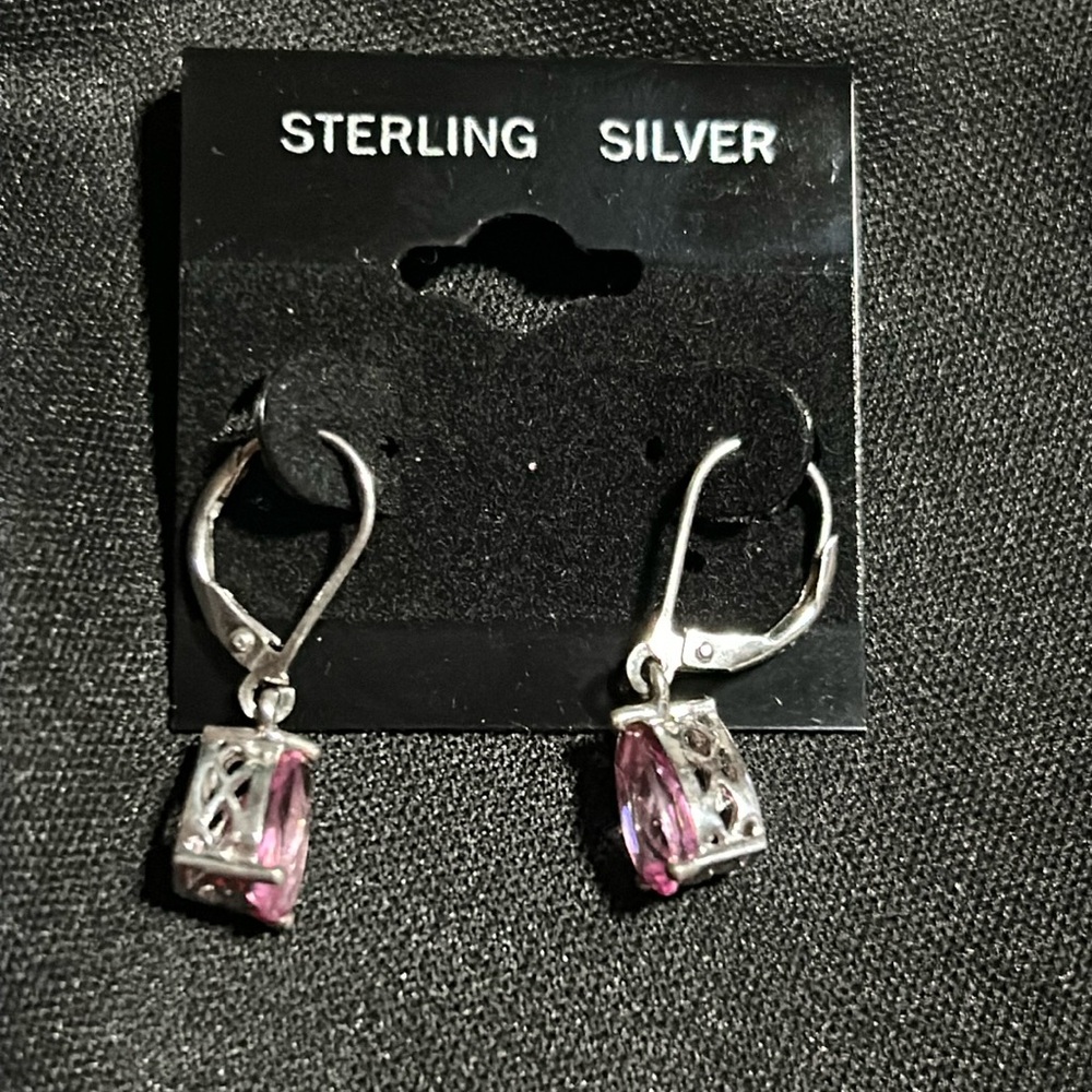 Sterling Silver Dangle Earrings with Pink Cubic Zirconias